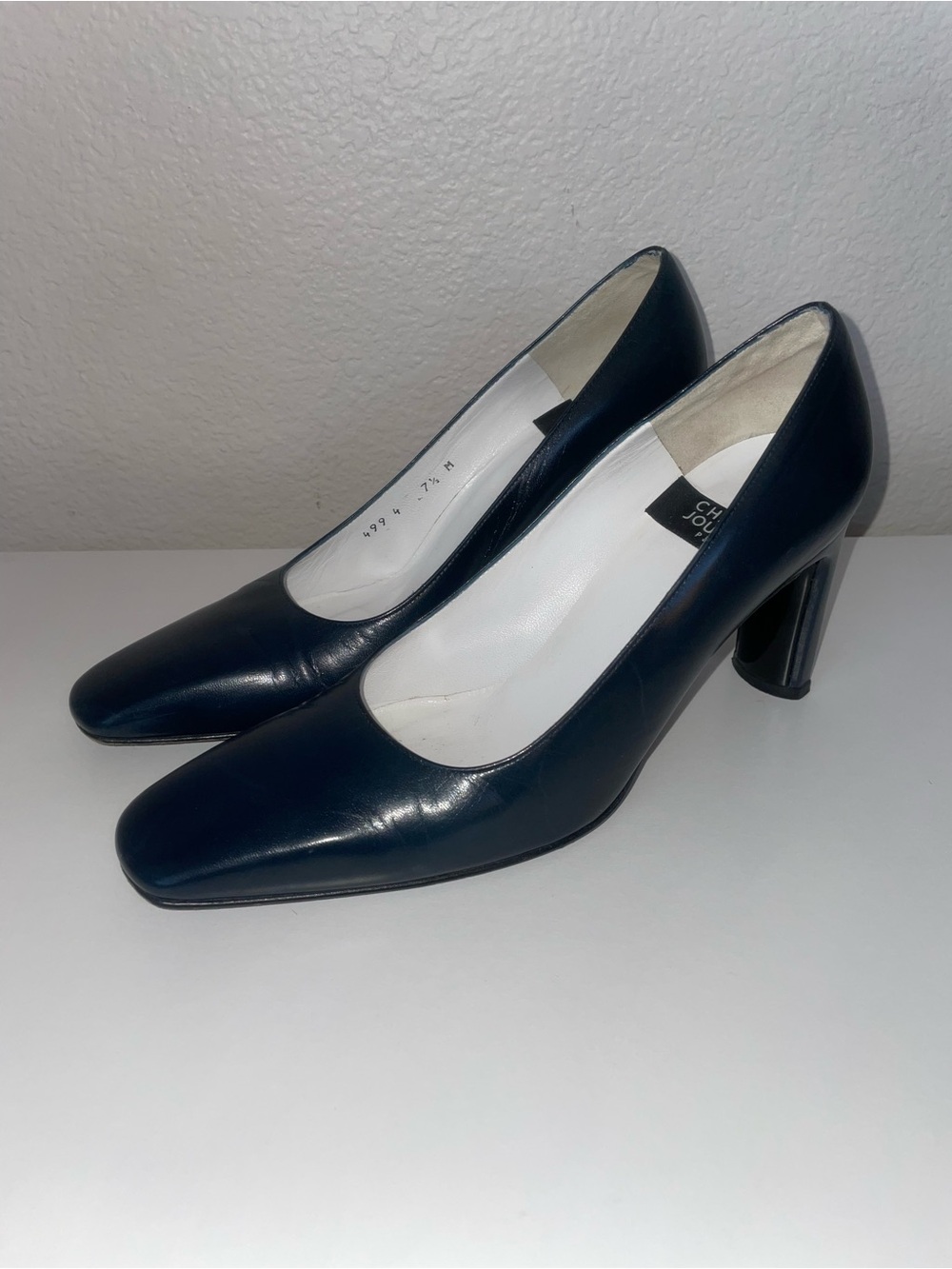 Vintage Charles Jourdan Paris Leather Square Toe Pumps Dark Navy Blue